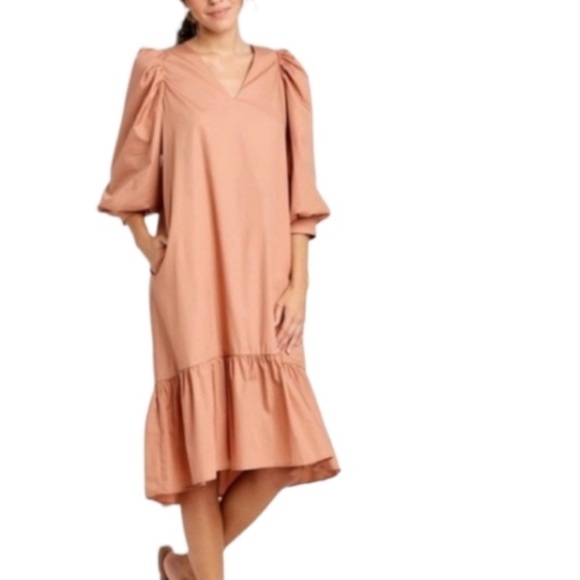 A New Day Long Puff Sleeve V-Neck Midi Dress Ruffle Hem Pockets - Picture 12 of 12